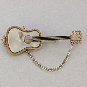 Vintage MOP Guitar Gold Tone Brooch Pin